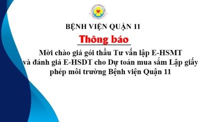 Thông báo mời chào giá gói thầu Tư vấn lập E-HSMT và đánh giá E-HSDT cho Dự toán mua sắm Lập giấy phép môi trường Bệnh viện Quận 11